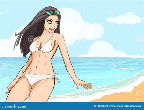 Bikini Girl Cartoon Anime On Beach Stock Vector Illustration Of Relaxing Holiday