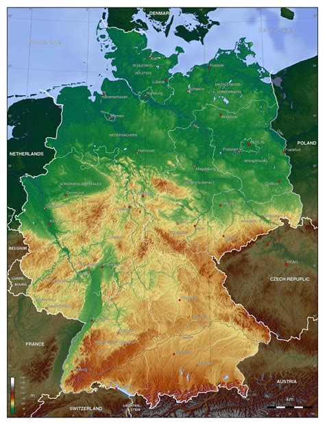 Germany, officially the federal republic of germany is the largest country in central europe. Physical map of Germany - Germany elevation map (Western ...