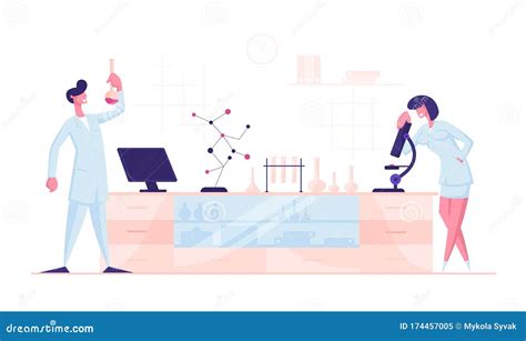 Scientists Conducting Research In A Lab Interior Of Science Laboratory Vector Illustration