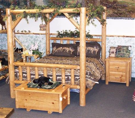 Assemble the canopy king bed. This log canopy bed will bring some rustic charm into your ...