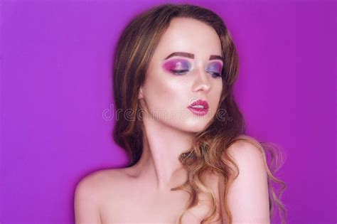 Fashion Model With Creative Pink And Blue Make Up Beauty Art Portrait