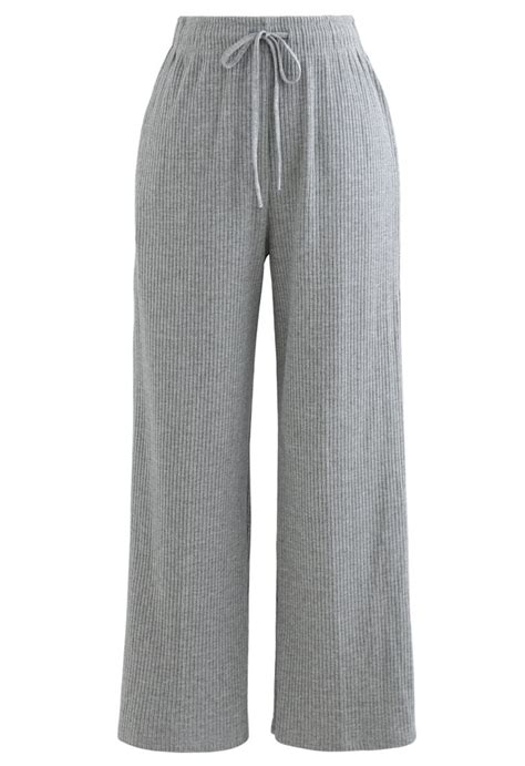 Cropped Wide Leg Drawstring Knit Pants In Grey Knit Pants Cropped
