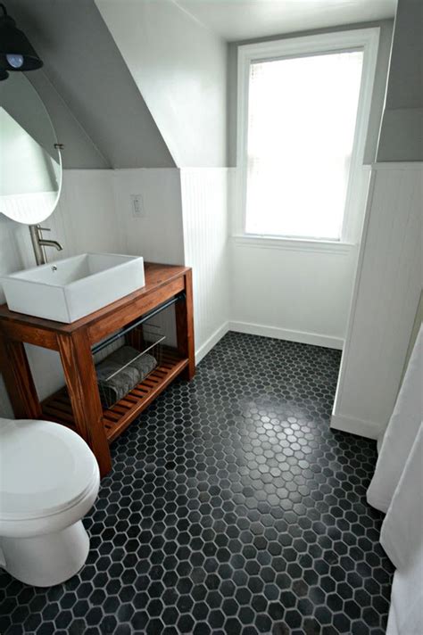 The homeowners here capitalized on their bathroom's ample light by incorporating equally cheery white tile: 37 black and white hexagon bathroom floor tile ideas and ...