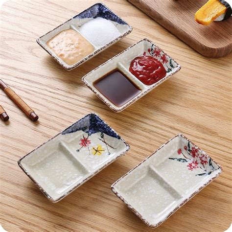 1pc 2 Grids Japanese Style Ceramic Sauce Dish Household Dish Creative