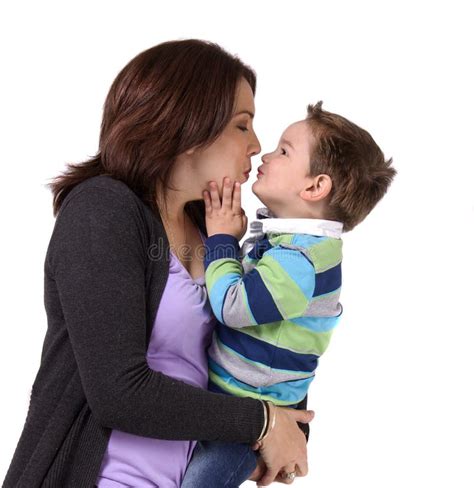 Portrait Of A Mother Kissing Her Son Stock Image Image Of Expressive