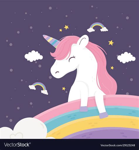 Happy Unicorn Rainbows Clouds Stars Fantasy Magic Vector Image