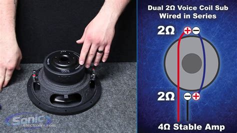 Above diagram showing two 4 ohm dvc woofers, each woofer's voice coils are wired in series to form an 8 ohm load per woofer, then the two 8 ohm woofers are wired in. How to Wire a Dual 2 ohm Subwoofer to a 4 ohm Final Impedance | Car Audio 101 - YouTube
