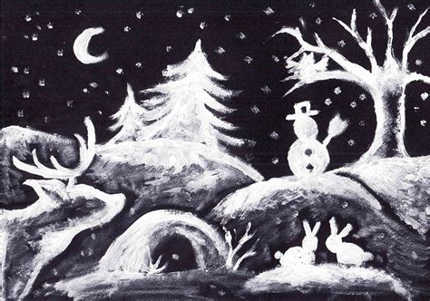 Zuerst werden alle vorlagen auf passendem tonkarton aufgezeichnet und ausgeschnitten. Winterbild mit Deckweiß | Winterbilder, Winterkunst ...