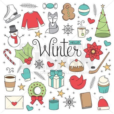 Christmas Winter Doodle Objects Hand Drawn Clip Art Set Retro Clipart