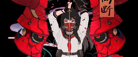 Wallpaper Anime Girls Red Eyes Gas Masks Black Hair Cyberpunk 2077 3165x1324 Mxdp1