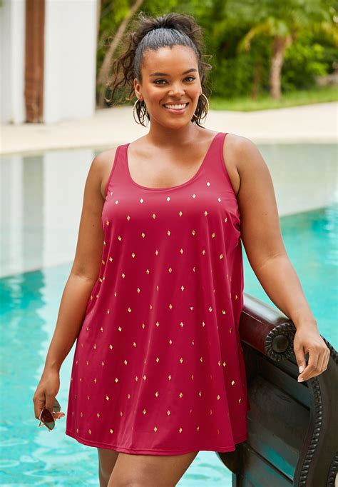 Studded Trapeze Swimdress With Molded Cups Plus Size Swim Dresses