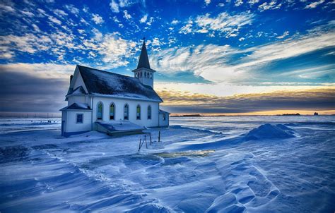 Wallpaper Winter The Sky Clouds Snow Church Glow Images For