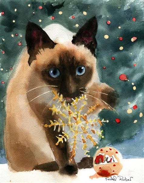 Christmas Siamese Cat Art Print Of A Watercolor Painting Big Large Huge