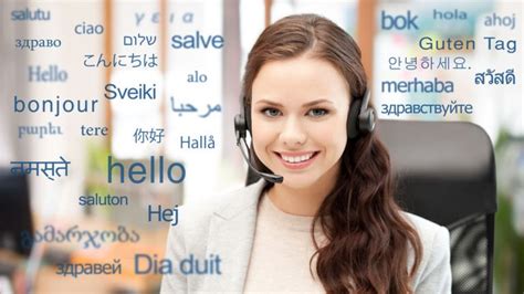 translator, woman in headset over words in foreign languages ...