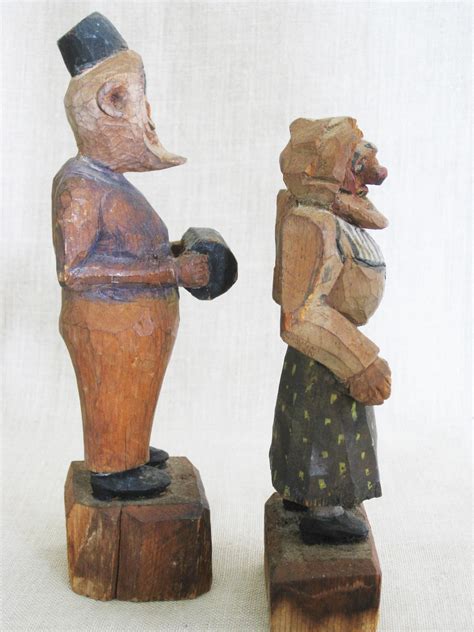 Vintage Folk Art Wooden Figures Carving Sculpture Couple Figural Antique Carving Tramp