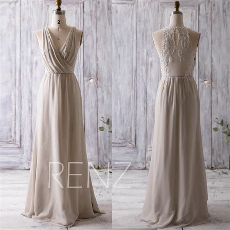 2016 Beige Bridesmaid Dress Long Ruched V Neck Wedding Dress Lace