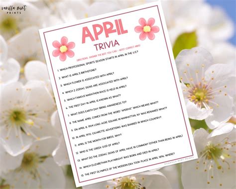 April Trivia Game Printable Month Party Games Springtime Etsy