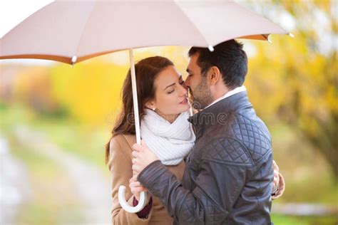 Couple Of Lovers Under Umbrella In The Rain Stock Image Image Of