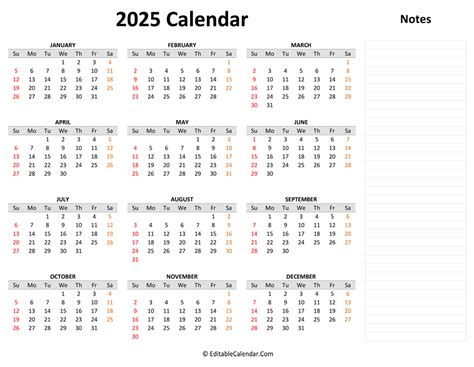 2025 Yearly Calendar With Notes