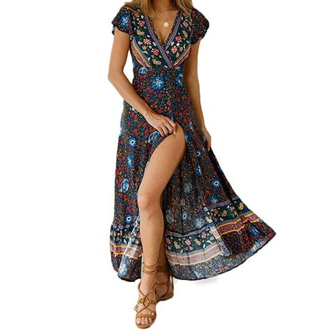 Focusnorm Focusnorm Womens Summer Short Sleeve Floral Print Maxi Dress Bohemian Beach Waist