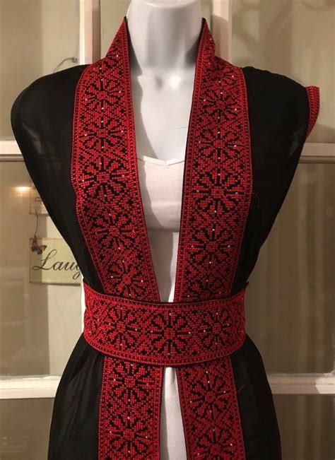 Long Black Sleeveless Kimono Vest Jaket With Red Palestinian Embroidery Corss Stitch With