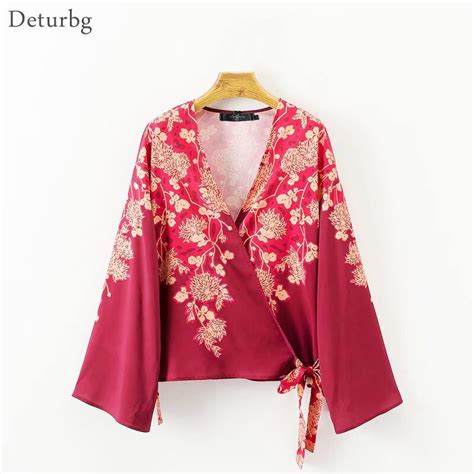Deturbg Kimono Style Florals Printed Shirt Female Casual Long Sleeve V