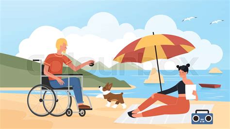 People Couple With Pet In Summer Beach Vacation Disabled Man In