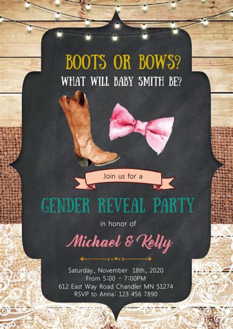 Boots Or Bows Gender Reveal Party Invitation Template Postermywall