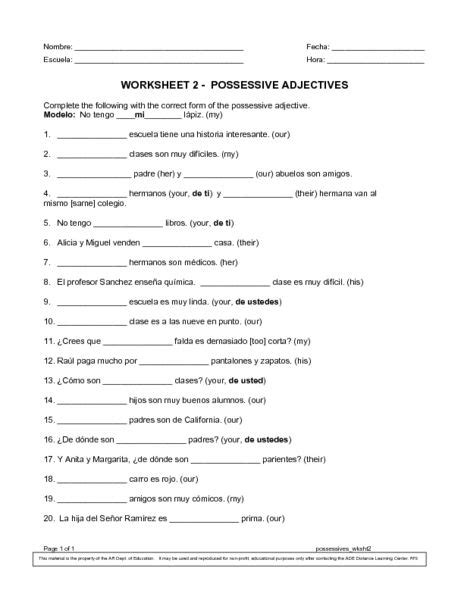 Possessive Adjectives Spanish Worksheet Answers Thekidsworksheet
