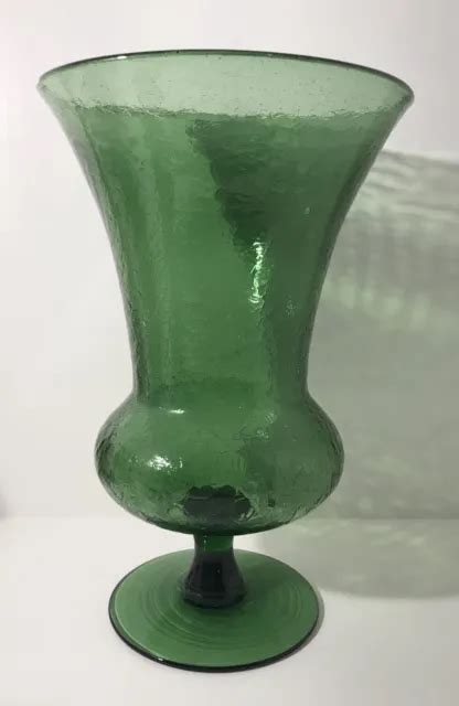 Large Vintage Mid Century Art Glass Green Crackle Empoli Footed Vase Italian 12 65 00 Picclick
