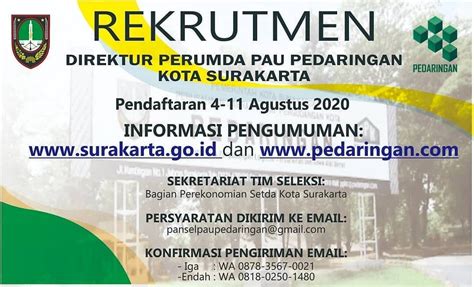 Perawat kamar operasi, nicu, icu 3. Lowongan Kerja Direktur Perumda Pau Pedaringan - INFO LOKER SOLO