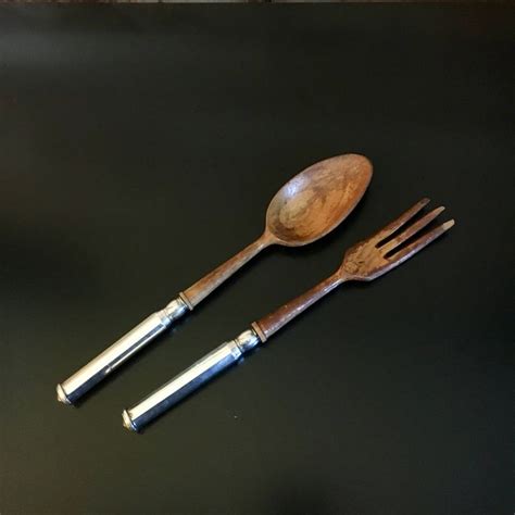 Wooden Salad Spoon And Fork W Sterling Silver Handles Vintage Etsy