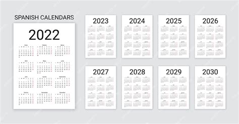 Calendario Español 2022 2023 2024 2025 2026 2027 2028 2029 2030 Años Plantilla De