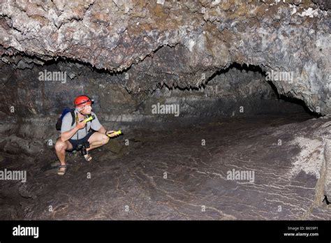Tourist In Biggest Portugese Volcanic Cave Gruta Das Torres Pico Island