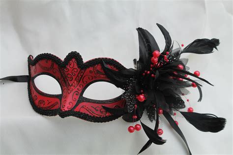 Red And Black Masquerade Mask For Masked Ball With Flower And Etsy