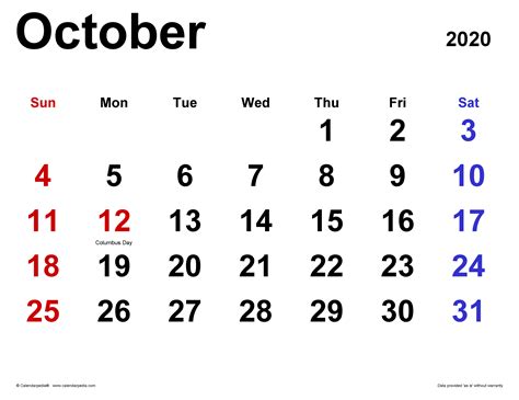 October 2020 Calendar Templates For Word Excel And Pdf