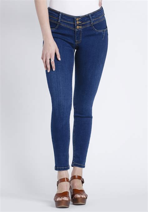 Women's Indigo Stacked Button Skinny Jeans | Warehouse One