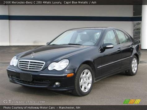 The engine offers a displacement of 3.0 litre matched to a 4 x 4 wheel drive system and a automatic gearbox with 7 gears. Capri Blue Metallic - 2006 Mercedes-Benz C 280 4Matic Luxury - Ash Interior | GTCarLot.com ...