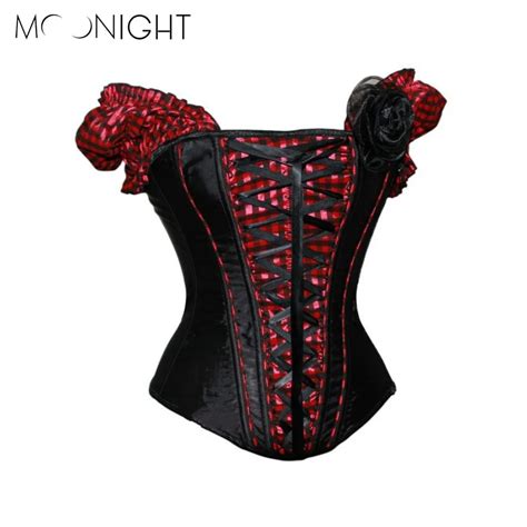 Moonight Women Black Red Corsage Short Cuffs Overbust Corset Lace Up Gothic Corsets Checkered