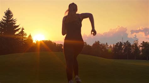 Woman Running Back At Sunset Young Woman Running Sunset Fitness Woman