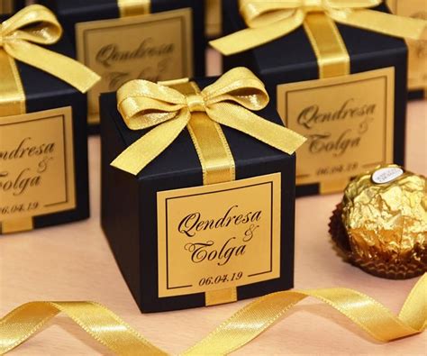 20% off with code augustsaving. Black & Gold wedding favor boxes for guests. Elegant Wedding bonbonniere. Personalized Candy box ...
