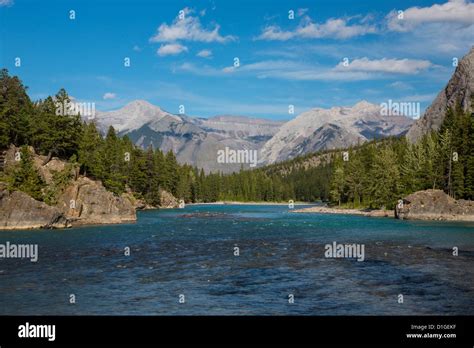 Bow River In The Town Of Banff In Banff National Park In The Canadian