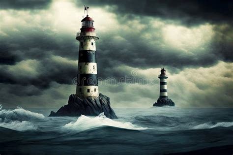 Lonely Lighthouses Standing In Open Sea Against Gloomy Cloudy Sky Stock