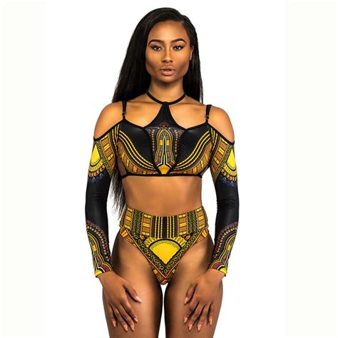 African Print Bikini Set Swimsuit 2018 Women Trikini Long Sleeves Bandage Swimwear High Cut
