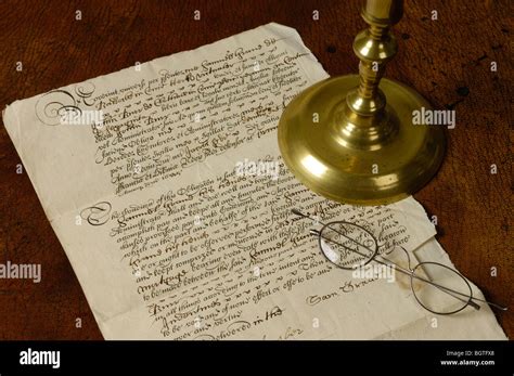 Ancient Document Written In English Circa 1685 With Brass Candlestick
