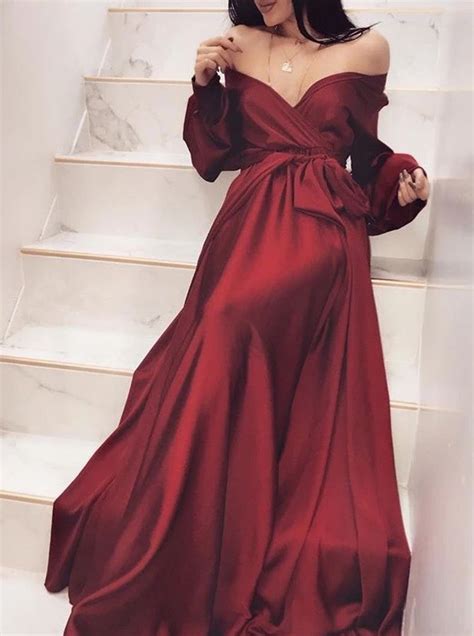 Chic A Line Off The Shoulder Dark Red Long Sleeve Prom Dress In 2020