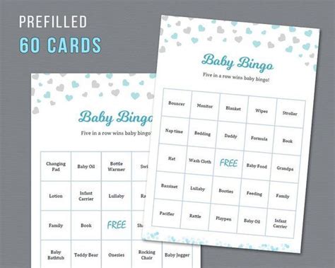 60 Baby Bingo Cards Printable Prefilled Baby Words Boy Baby Shower