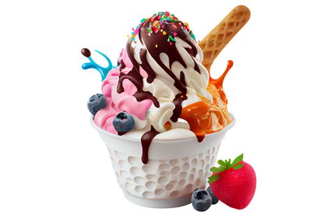 Tasty Colorful Ice Cream Cup With Syrups And Fruits On Transparent