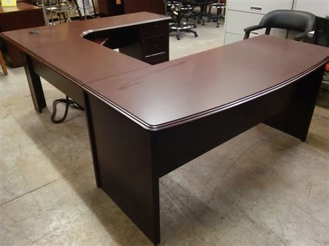 The rear part with shelves and file drawers, lighting. Cherry U-Shaped Executive Workstation Desk, Broadstreet by ...