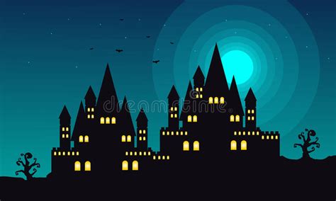 Halloween Landscape With Castle At Night Stock Vector Illustration Of